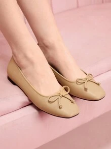 CUCCOO DOLLMOD Women's Solid Color Minimalist Square Toe Flat Vintage Style Casual Shoes - Apricot - View 3