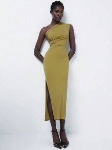 Aveloria Modichic 女士时尚简约斜肩褶皱无袖紧身连衣裙 - 薑色 - 查看 4