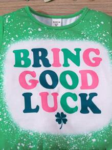 SHEIN 2 件套年轻女孩字母印花针织圆领 T 恤和修身休闲裤，圣帕特里克 - 綠色 - 查看 3