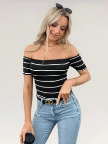 Wildy 夏秋季休闲街头航海风格露肩条纹 T 恤女士 - 黑色 - 查看 2
