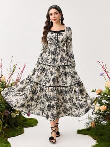 Modelyn Rochie de femeie cu mochiuri în talie cu papillon - Alb-negru - Vizualizare 3