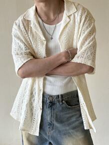 DAZY Men's Geometric Pattern Textured Fabric Apricot Color Casual Beach Vacation Shirt, Summer