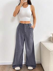 SHEIN Unity Pantalones de pierna ancha plisados con textura de rayas en gris oscuro - Gris Oscuro - Ver 6