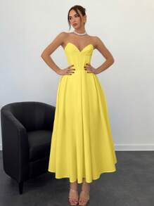 Aloruh 女士新款秋冬深 V 领性感优雅派对/场合鱼骨缝花卉胸罩杯 A 字褶皱超长紧身连衣裙，白色 - 黃色 - 查看 5