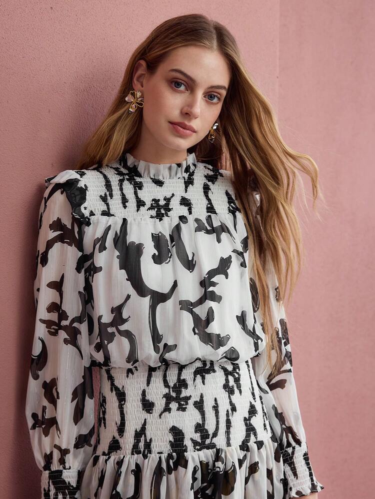 ALLOVER PRINT SHIRRED RUFFLE TRIM DRESS