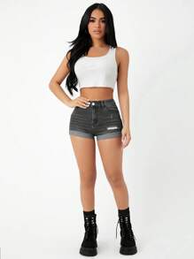 SHEIN PETITE Casual Denim Shorts, Minimalist & Fashionable For Daily Wear - Light Grey - View 4