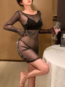 DAZY Camisón sexy de ajuste ceñido con hilo plateado transparente y tejido de malla