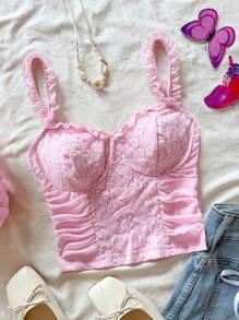 Soleia Top sin mangas de estilo retro para mujer con textura de encaje, volantes y lazo, en color rosa romántico y sensual - Rosa - Ver 1