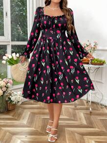 Flirla 大码女式郁金香花卉印花方领长袖优雅复古可爱假日中长连衣裙