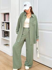 3pcs Teen Girl Green Casual Campus Style Loose Shirt, Tank Top And Pants Set Holiday Outfits - Green - View 11