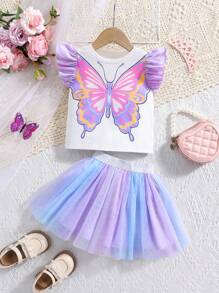 SHEIN 2 stuks Babymeisjes schattige vlinderprint top en rokset, zomer