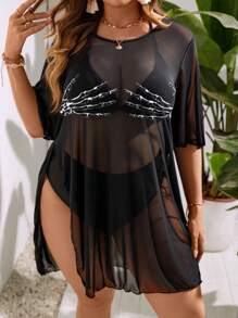 Swim SXY 大码女式骷髅印花网眼泳衣罩衫裙 - 黑與白 - 查看 1