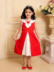 SHEIN Vestido informal suelto con cuello en V y parches de pliegues con decoración de lazo, que resalta la vitalidad juvenil, la inocencia adorable, el estilo personalizado y el entusiasmo dulce, perfecto para uso diario y fiestas, prenda esencial de primavera/verano y regalo de ropa para niñas jóvenes