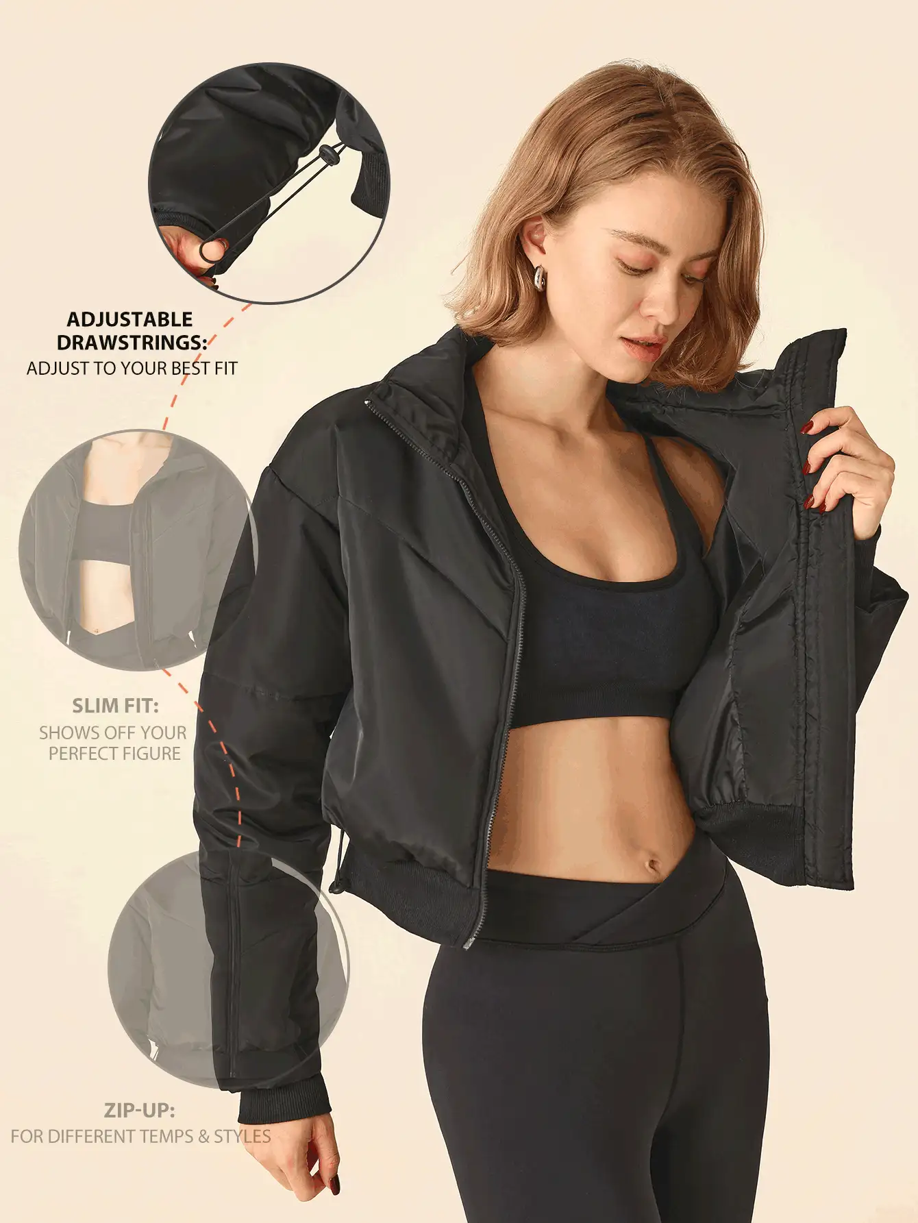 SHEIN Sports Women's Solid Color Front Zip Long Sleeve Short Sporty Winter Jacket - Black - View 3