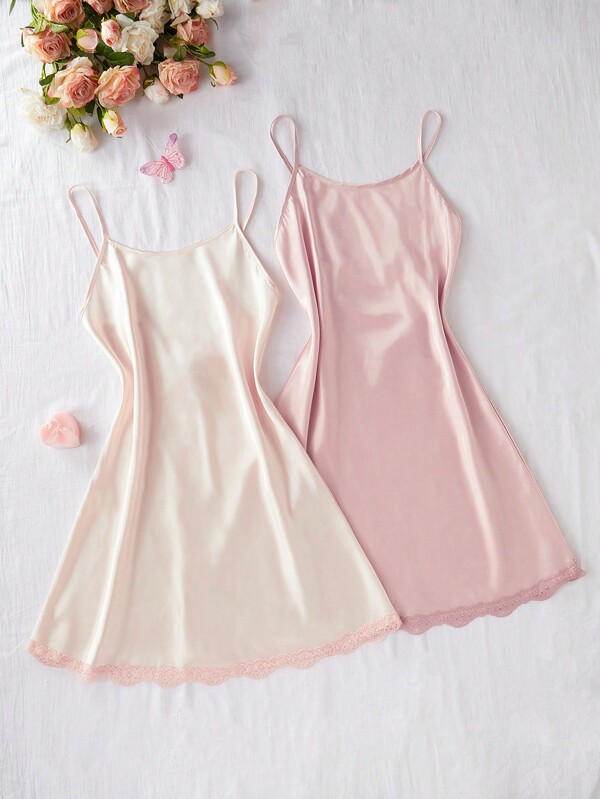 SilkySpell 2pcs/Set Women Imitation Silk Backless Tie Strap Nightgown Babydoll Sleepwear Luxe Loungewear, Vacation