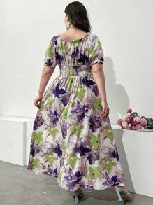 Modelyn Abito lungo a bolle con stampa floreale e maniche corte a palloncino, stile estivo per vacanze, taglia comoda, per donne, maxi