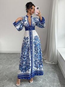 Elenzga 女士花卉印花 V 领纽扣优雅中长连衣裙