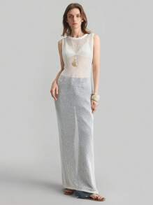 Ontre Robe longue sans manches transparente de couleur unie 2025 pour femmes, style minimaliste décontracté, tenue de villégiature, robe en tricot ajourée, convient pour les vacances dans les îles