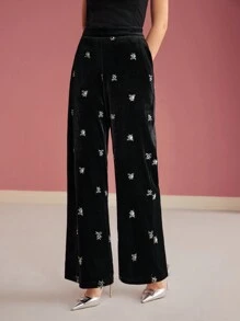 MOTF PREMIUM Pantalones de traje sastre con bordado floral de terciopelo - Negro - Ver 4