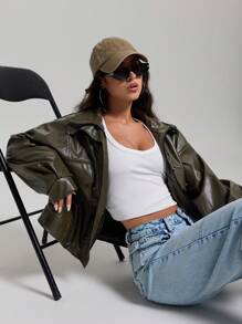 EURMUSE PU Leather Stylish Hidden-Fly Detailed Women's Jacket - Khaki - View 3