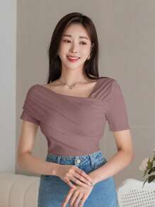 DAZY Áo thun nữ tay ngắn cổ tròn màu trơn đơn giản, mùa hè - Bụi hồng - Xem 4