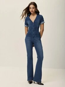 Poéselle 女式有领短袖拉链前口袋休闲牛仔连体裤 - 霧霾藍 - 查看 1