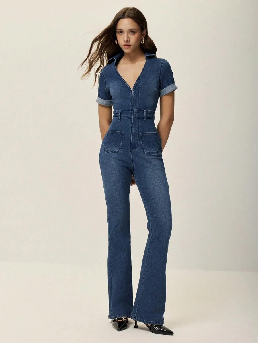 Poéselle 女式有领短袖拉链前口袋休闲牛仔连体裤 - 霧霾藍 - 查看 1