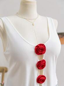 Soleia Plus Size Women's Holiday Style Red 3D Rose Decor Front Hollow Out Black Knit Tank Top - White - View 8