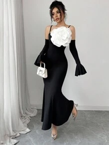 Elenzga Spaghetti Strap Off Shoulder Ruched Mermaid Hem Long Dress With 3D Floral Print And Bell Sleeves - Black - View 5