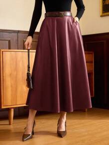 Vintamour Gonna lunga a vita alta in pelle PU stile vintage elegante con tasche, gonna ampia casual/da lavoro, adatta per autunno/inverno, Ringraziamento, Natale, Capodanno e altre occasioni festive - Bordò - Visualizzare 2