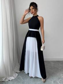 Elenzga Kleid für Damen mit Kragen, Kontrastfarben Schwarz und Weiß, plissiert, elegant - Schwarz - Übersicht 6