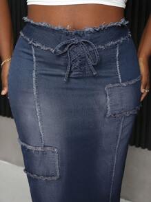 SHEIN SXY Váy denim dài buộc dây tua rua eo cỡ lớn cho nữ - Rửa trung bình - Xem 4