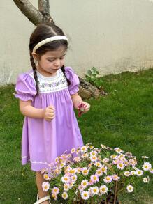 SHEIN LMoss Kids LMoss  Baby Girl Ruffled Ditsy Floral Bodycon Dress,Sisters Outfit,Suitable For Spring And Summer - Multicolor - View 3