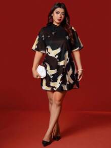 SHEIN Unity Chinese Style Loose Crane Pattern Button Up Elegant Dress, Suitable For Chinese New Year - Multicolor - View 3