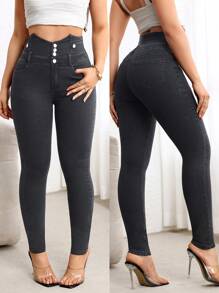 SHEIN LUNE Women's Simple Front Button Pocket Jeans, Casual Daily Wear - Black - View 1