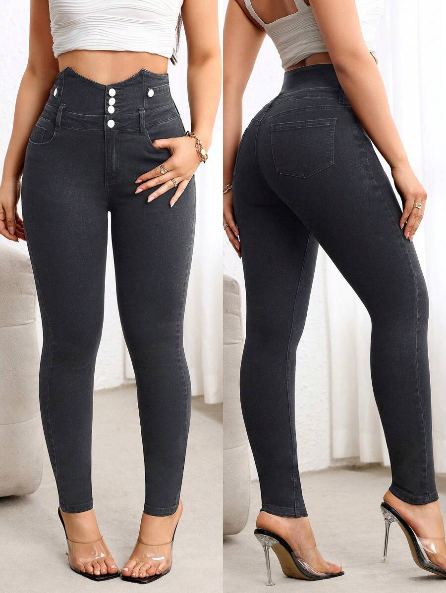 SHEIN LUNE Women's Simple Front Button Pocket Jeans, Casual Daily Wear - Black - View 1