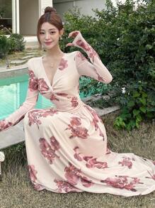 DAZY Women's V-Neck Floral Print Long Dress, Pink, Spring/Fall Long Sleeve Dress Boho Vacation Outfits Women - Pink - View 8