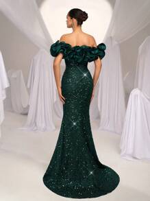 Glamrae 优雅绿色奢华亮片缎面拼接夸张分层荷叶边高开叉鱼尾拖尾正式晚礼服、派对礼服、婚礼宾客礼服、晚礼服 - 綠色 - 查看 2