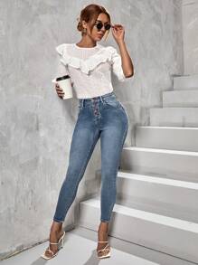 SHEIN Essnce Women's Button Front Pocket Skinny Casual Versatile Denim Pants - Dusty Blue - View 6