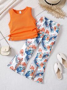 SHEIN Set de 2 piezas compuesto por top corto casual y pantalones acampanados con estampado de leopardo para niña, para primavera/verano
