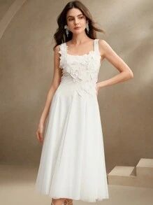 Anewsta 白色长裙，前部有花朵装饰，优雅，适合春季、夏季、约会、节日、派对 - 白色 - 查看 7