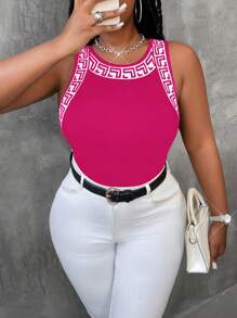 Maweii 大码女式时尚性感撞色印花边饰高弹力面料紧身背心夏季