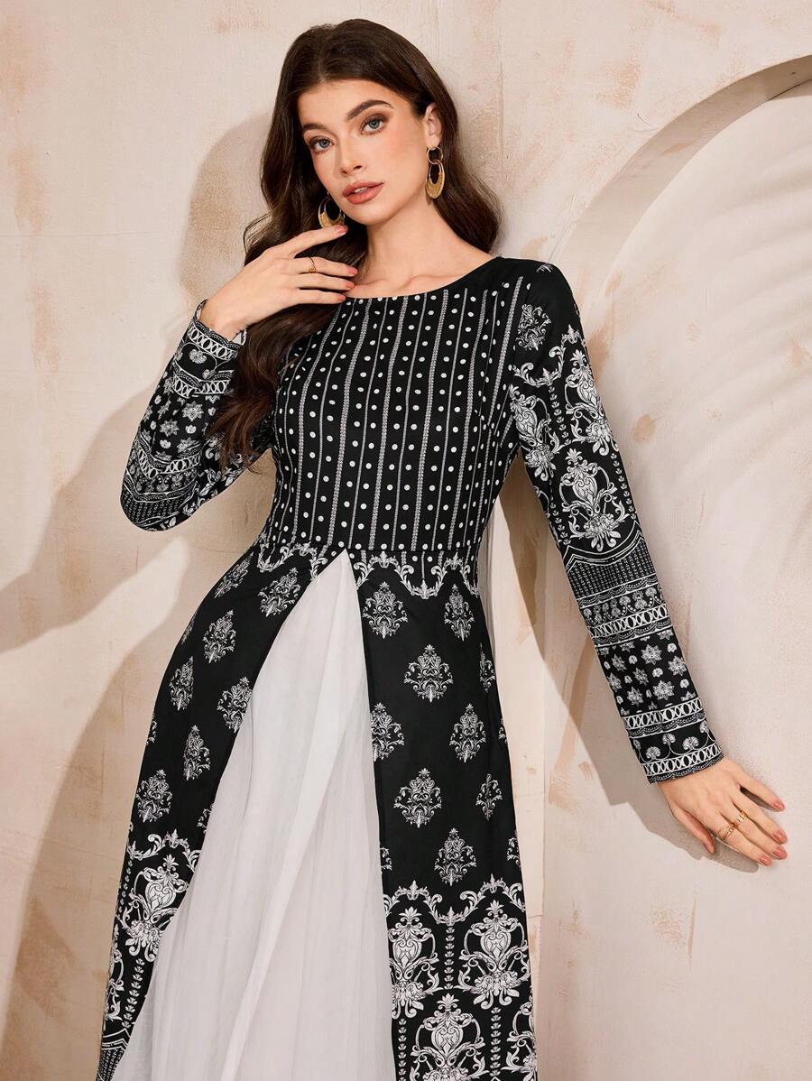 Al Najma 女士花卉印花长袖优雅阿拉伯风格连衣裙