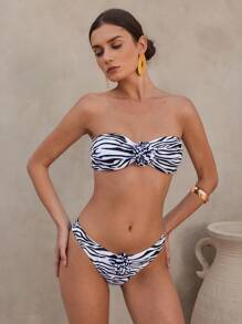 女士性感斑马纹花卉装饰抹胸比基尼套装，适合度假 - 黑與白 - 查看 6