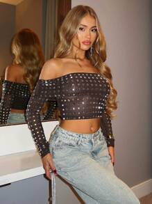 SHEIN BAE Women's Halloween Solid Sexy Glamorous Nightclub Party Rhinestone Off Shoulder Sheer Sequin Tight Fitting Long Sleeve Top