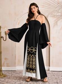 Al Najma 女士几何印花吊带连衣裙 - 黑色 - 查看 5