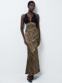 Aveloria Modichic Sexy Lace Spaghetti Strap V-Neck Leopard Print Patchwork High Waist Bodycon Dress - Multicolor - View 7