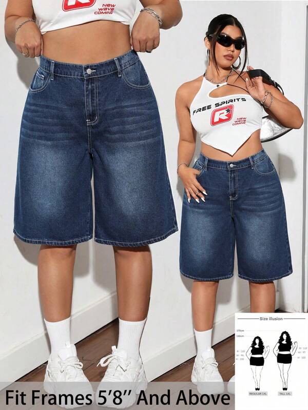 SHEIN PETITE CURVE Shorts en jean bleu décontractés de base pour femmes grandes tailles, pour les vacances d'été, les tenues des années 90 pour femmes, les vêtements Y2K, les tenues de cowgirl pour femmes, les tenues de rave pour les pauses printanières, les sorties, le style streetwear des années 2000, les tenues Ibiza, les micro-shorts, les raves, le style boho cowgirl, les shorts amples western