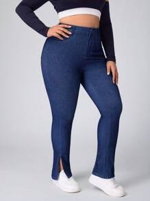 SHEIN Essnce Pantalones largos extra de mezclilla con estiramiento y abertura en el bajo, efecto estilizante, talla grande para mujer - Azul - Ver 5