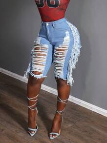 Slaydiva Women's Pockets Distressed Denim Shorts